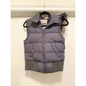 Y2K Aeropostale Puffer Vest Faux Fur Trim Size Medium Grey Removable Hood Down